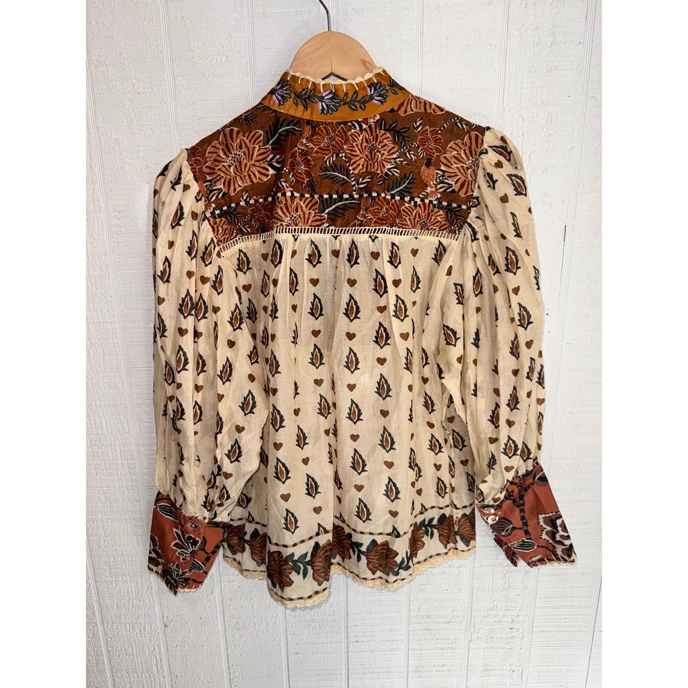 Farm Rio Ainika Floral Blouse Womens Beige Brown Embroidered Cotton M - Picture 4 of 8